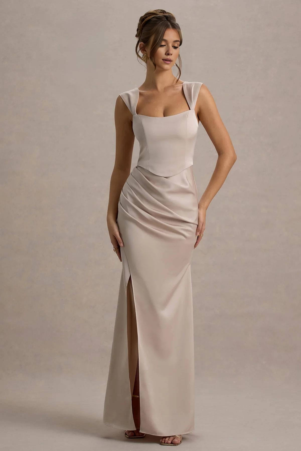 Buyishang Elegant double shoulder champagne satin tight corset wrapped in a long skirt that can be used as a bridesmaid dress